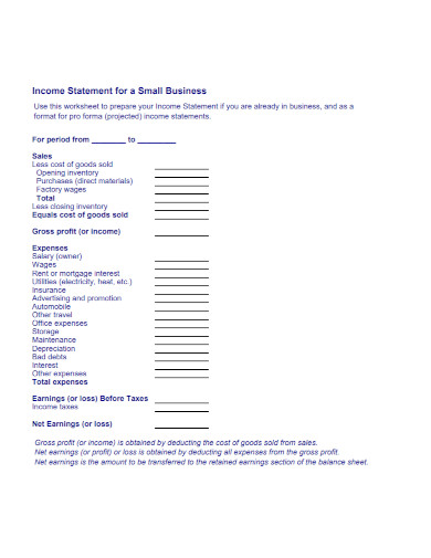 income statement small business profit and loss