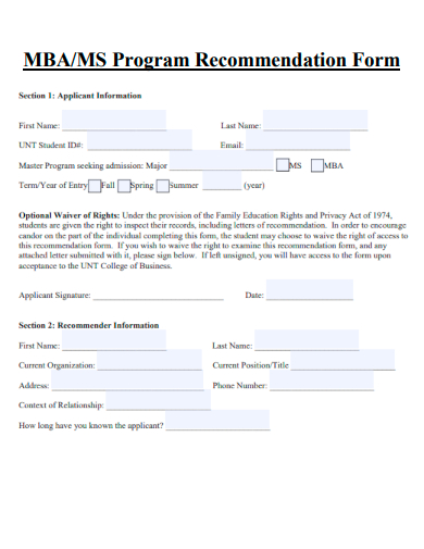 mba ms program recommendation form