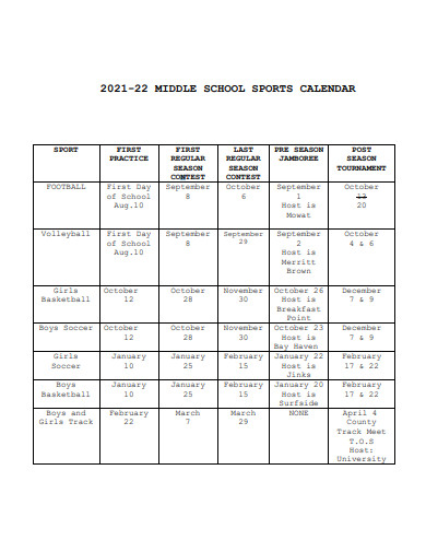 middle school sports calendar