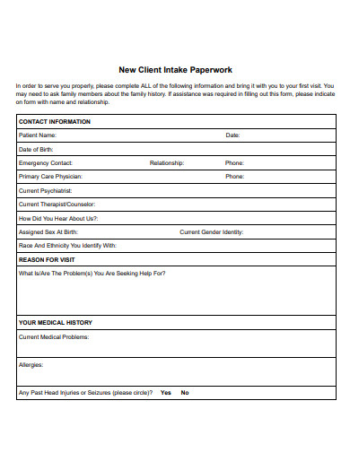 new client intake paperwork