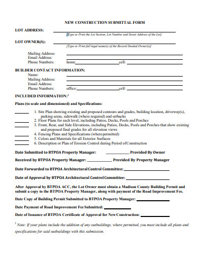 new construction submittal form