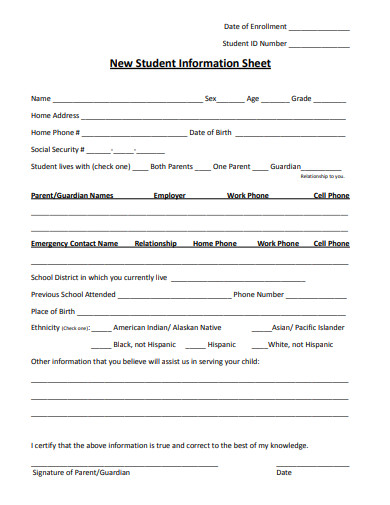 new student information sheet