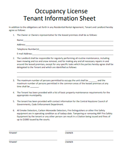 occupancy license tenant information sheet