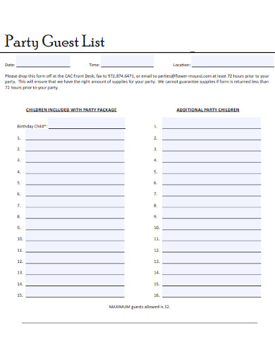 party guest list sample