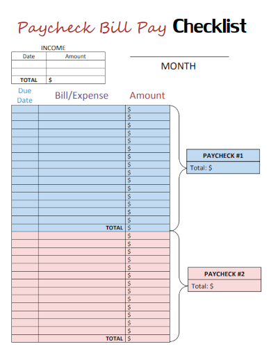paycheck bill pay checklist