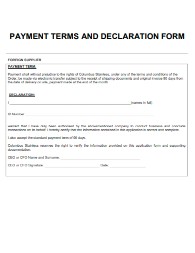payment terms and declaration form
