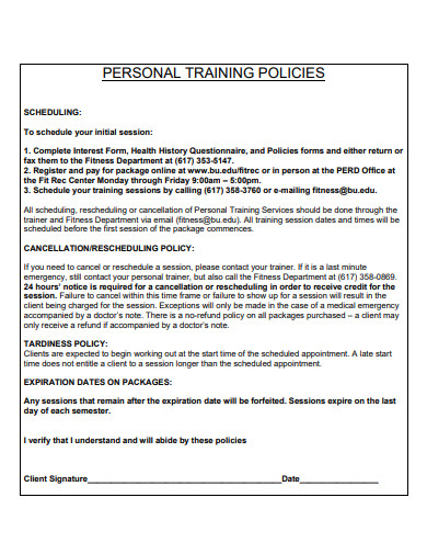 personal training policy