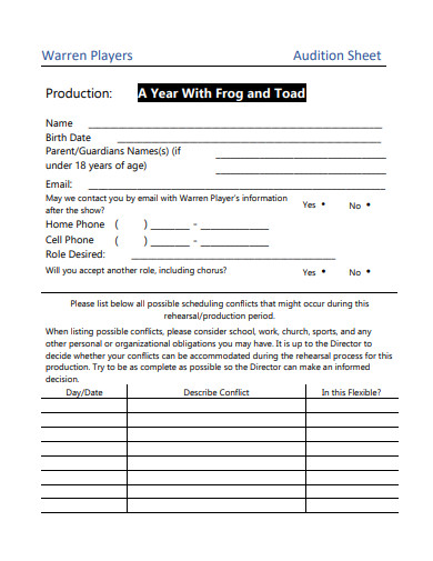player audition sheet