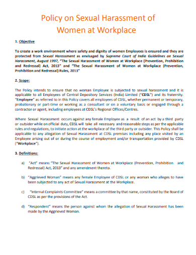 policy on sexual harassment of women at workplace