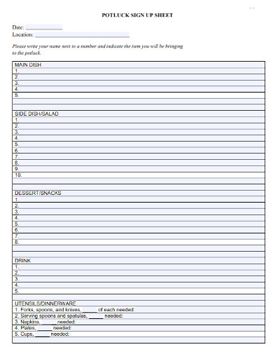 potluck sign up sheets template