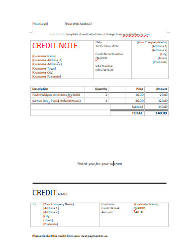 printable credit and debit note