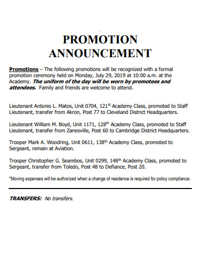 wording for promotion announcement