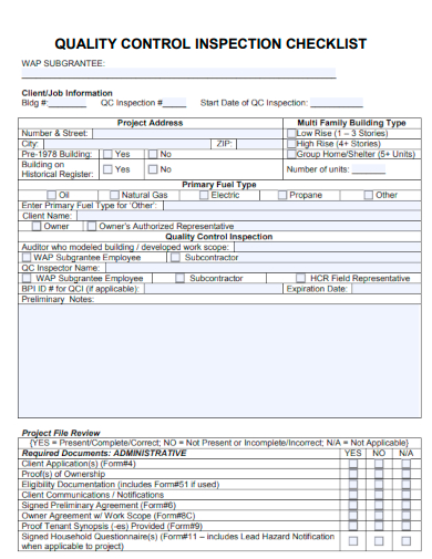 quality control inspection checklist form