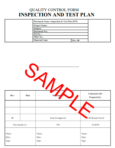 quality control inspection test plan form