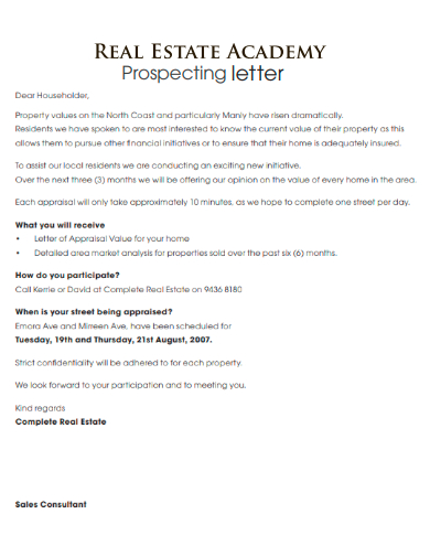 real estate academy prospecting letter