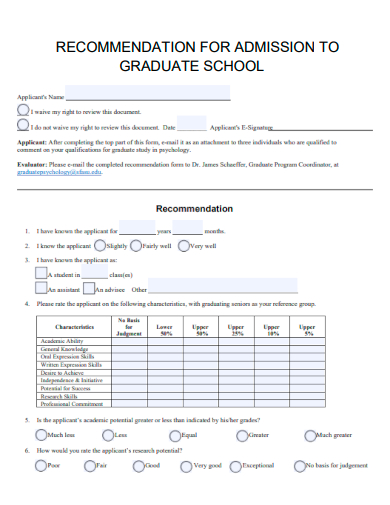 recommendation for admission to graduate school form