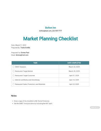 restaurant market planning checklist
