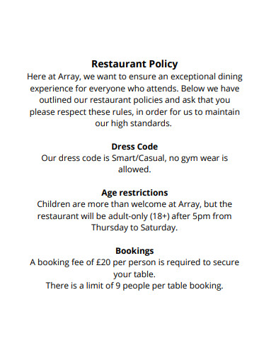 restaurant policy example