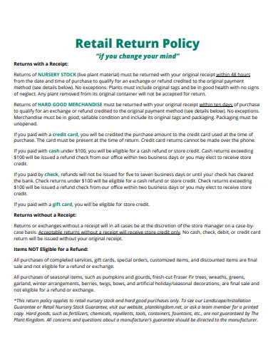 retail return policy