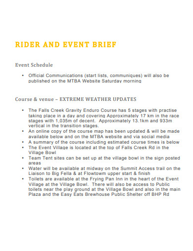 rider and event brief