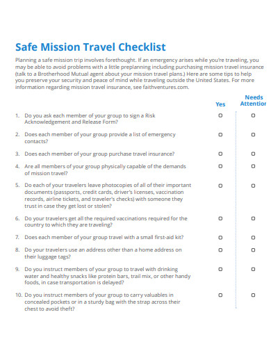 safe mission travel checklist
