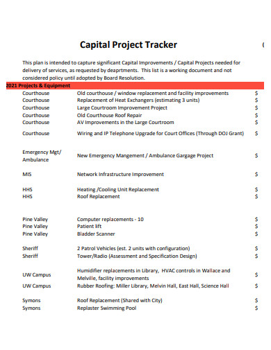 sample capital project tracker