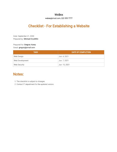 sample checklist for establishing a website