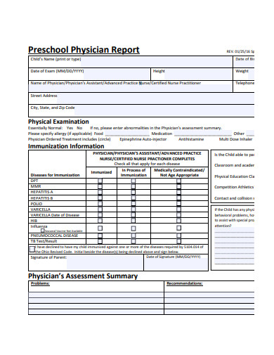 sample preschool physician report