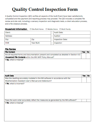 sample quality control inspection form