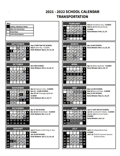 sample school transportation calendar