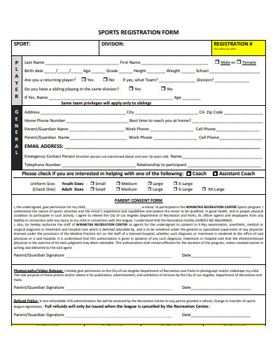 sample sports registration form