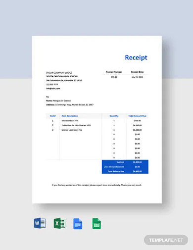 free 10 fee receipt samples in pdf ms word google docs excel apple numbers apple pages