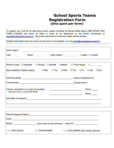 school sports teams registration form