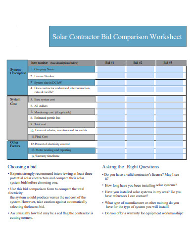 solar contractor bid comparison worksheet 