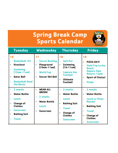 sports camp calendar