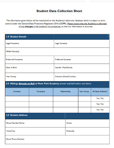 student data collection sheet