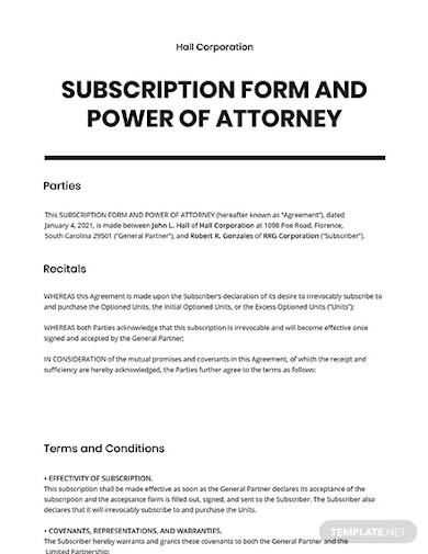 subscription form and power of attorney