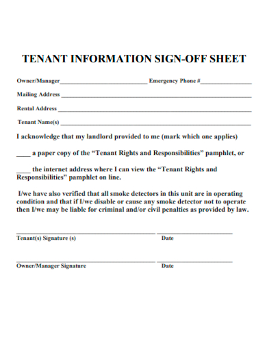tenant information sign off sheet