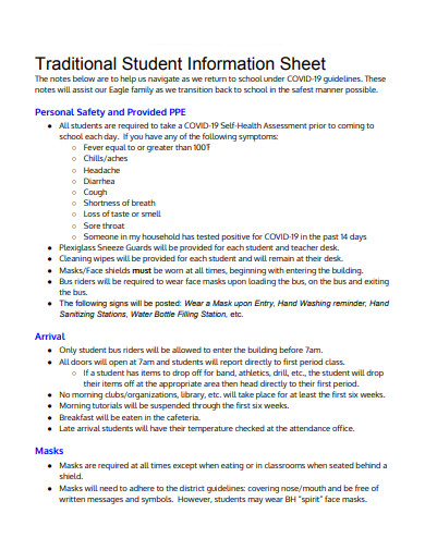 traditional student information sheet