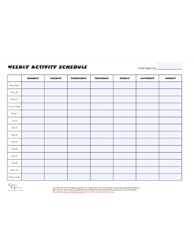 weekly hourley activity schedule 