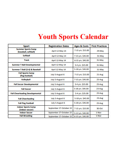 youth sports calendar