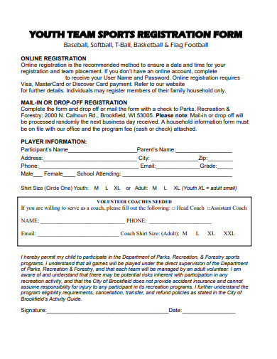 youth team sports registration form