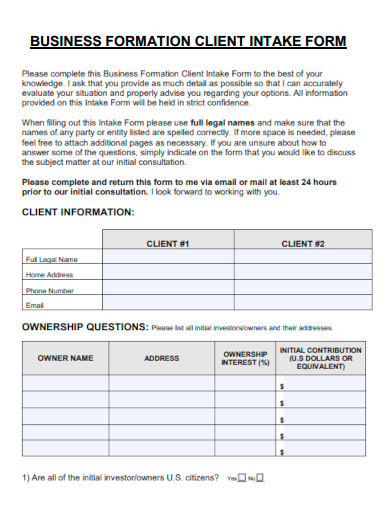 business formation client intake form