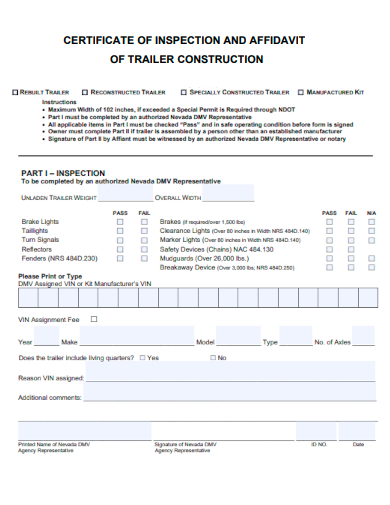 certificate of inspection affidavit of trailer construction form