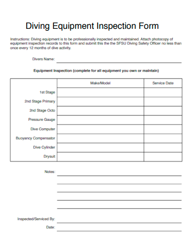 diving equipment inspection form