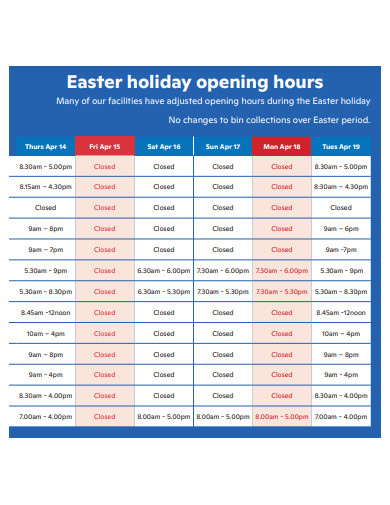 easter holiday opening hours