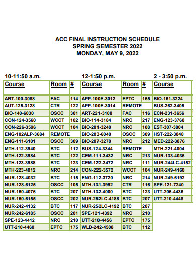 final instruction week schedule