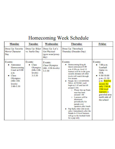 homecoming week schedule