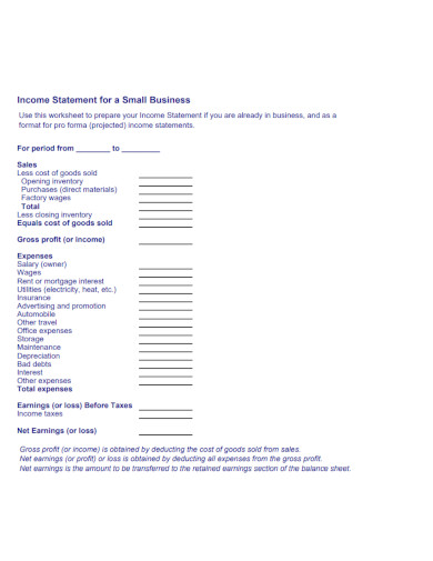 income statement for a small business