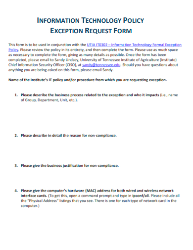 information technology policy exception request form
